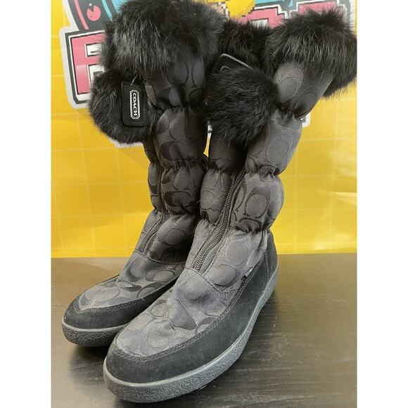 Coach Theona Signature Jacquard Rabbit Fur Winter Boots Women's Size 7B Black - Picture 1 of 10